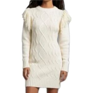 Eliza J Fringed Shoulder Sweater Dress Sz Large Cream Cable Knit Rolled Neck Nwt